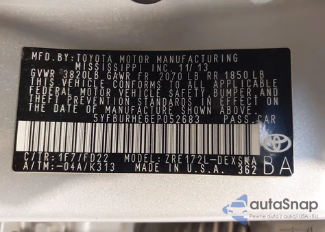 2014 Toyota Corolla S Plus z USA, uszkodzony, nr VIN 5YFBURHE6EP052683